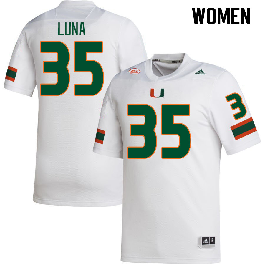 Women #35 Kolby Luna Miami Hurricanes College Football Jerseys Stitched Sale-White - Click Image to Close